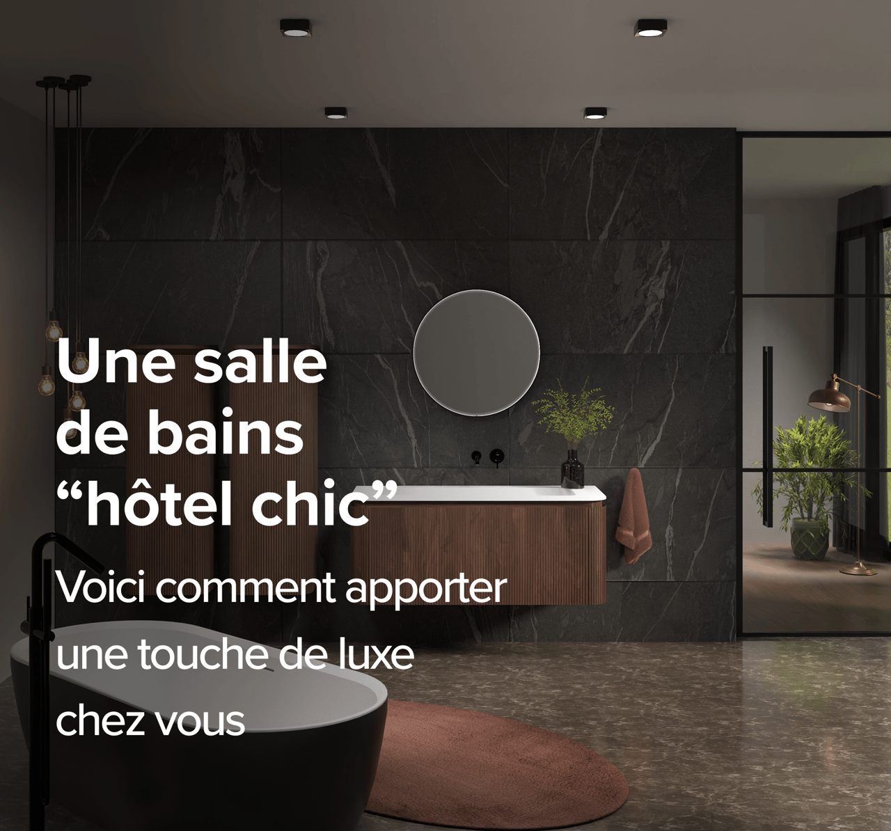 Design de salle de bains x²o luxueux de style hôtel chic. Mur en pierre naturelle foncée, miroir rond éclairé et meubles en bois à rainures verticales. Des suspensions lumineuses et un robinet noir créent une ambiance chaleureuse et exclusive.